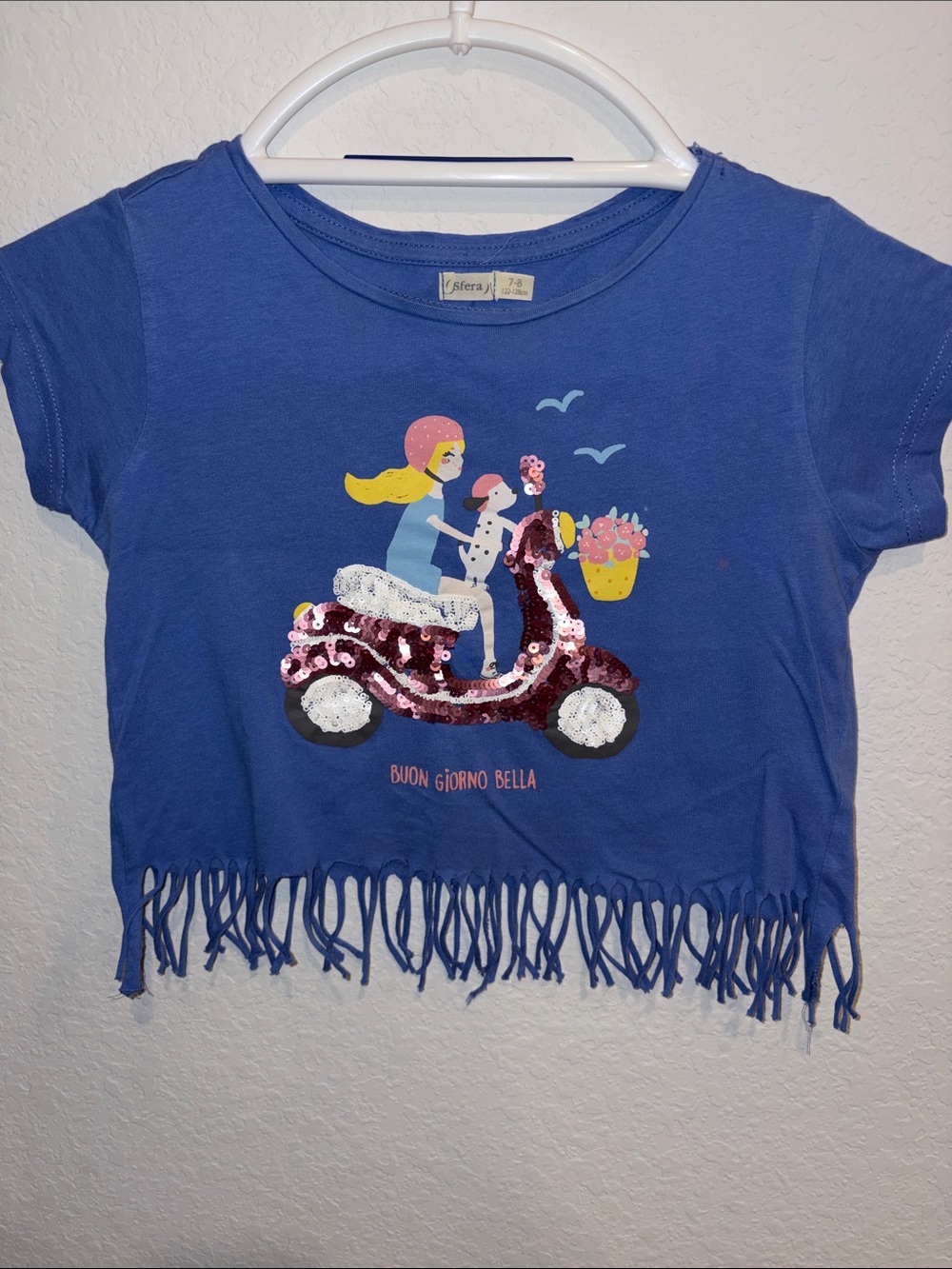 SFERA Girls' Blue Sequin Scooter Fringe Tee